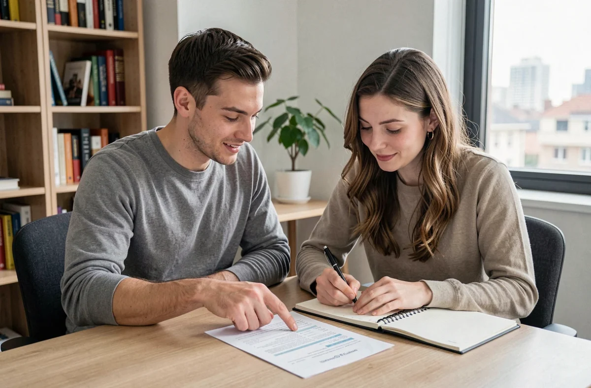Jeune couple examinant un formulaire de demande d'APL et discutant des revenus à déclarer
