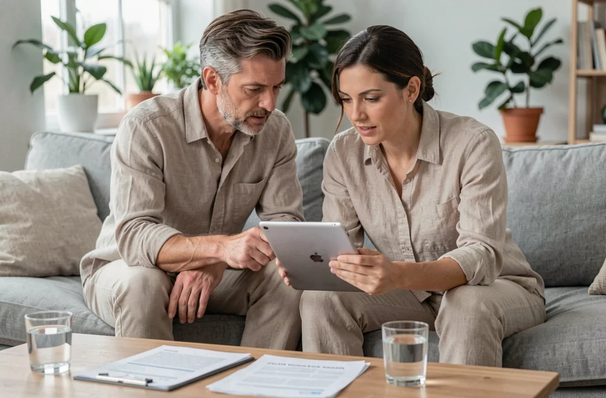 Couple gérant ensemble leurs finances et opérations bancaires courantes sur une tablette dans leur salon