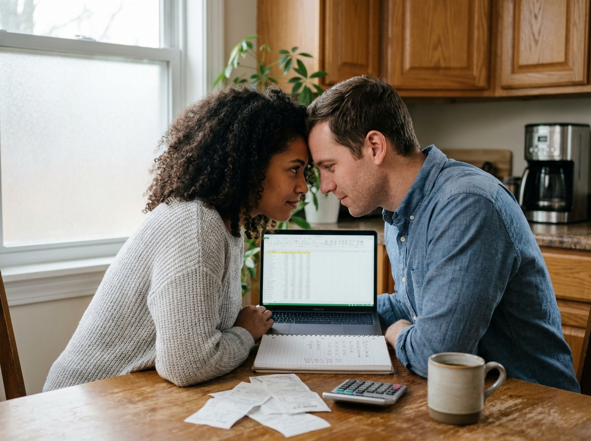 Couple gérant leur budget commun ensemble à la table de cuisine avec un ordinateur portable et des documents financiers