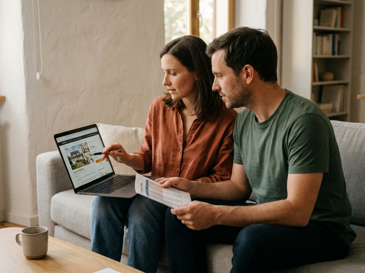 Couple analysant des annonces immobilières pour optimiser leur budget avec l'investissement locatif