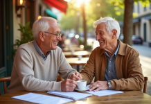 Couple retiree souriant au cafe en France avec papiers et calendrier