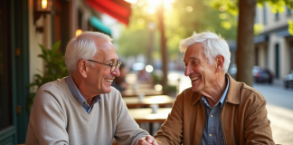 Couple retiree souriant au cafe en France avec papiers et calendrier