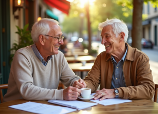 Prendre sa retraite : mois le plus avantageux en France Couple retiree souriant au cafe en France avec papiers et calendrier