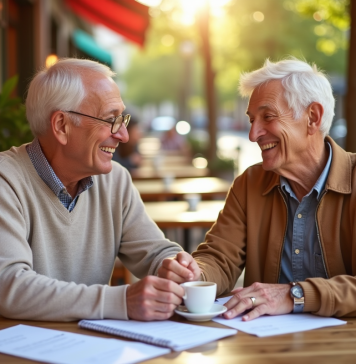 Prendre sa retraite : mois le plus avantageux en France Couple retiree souriant au cafe en France avec papiers et calendrier