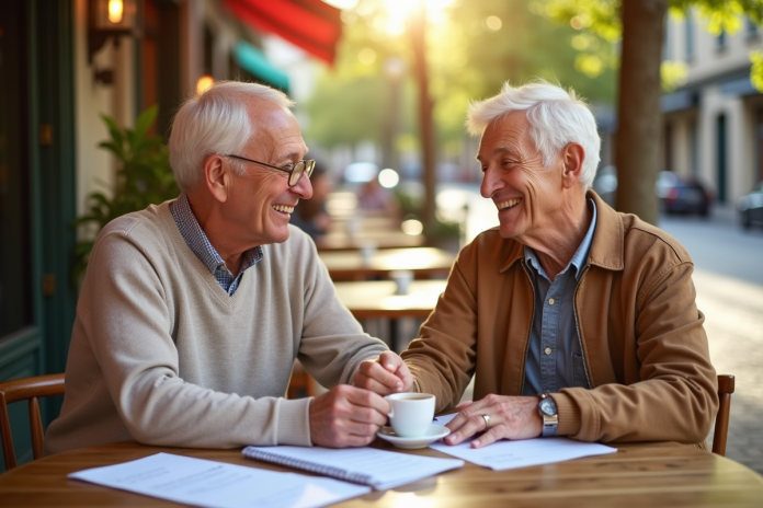 couple-retraite-cafe-france Couple retiree souriant au cafe en France avec papiers et calendrier