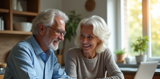 Couple souriant planifiant la retraite à la cuisine