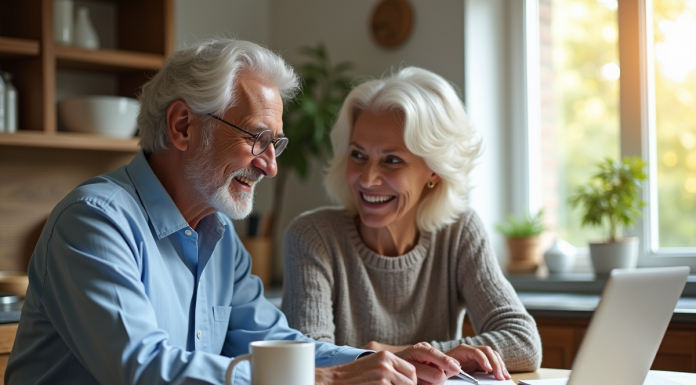 Couple souriant planifiant la retraite à la cuisine