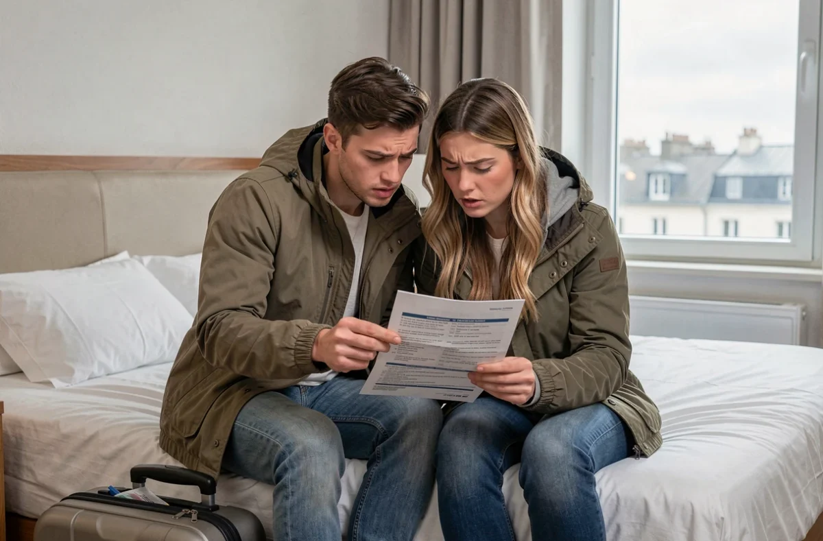 Couple en voyage révisant ensemble les garanties de leur assurance voyage dans une chambre d'hôtel en Europe