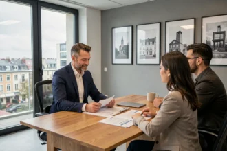 Un courtier en crédit immobilier en Seine-Saint-Denis conseille un couple dans une agence moderne
