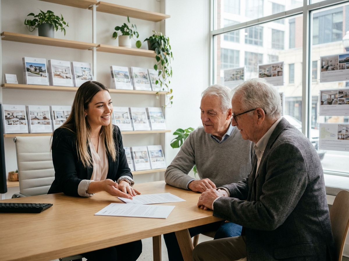 Femme courtier en prêt immobilier avec un couple