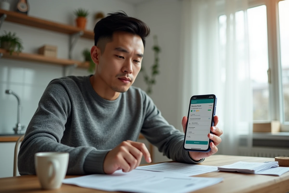 Entrepreneur masculin créant un compte professionnel Hero banque depuis son domicile avec les documents administratifs requis