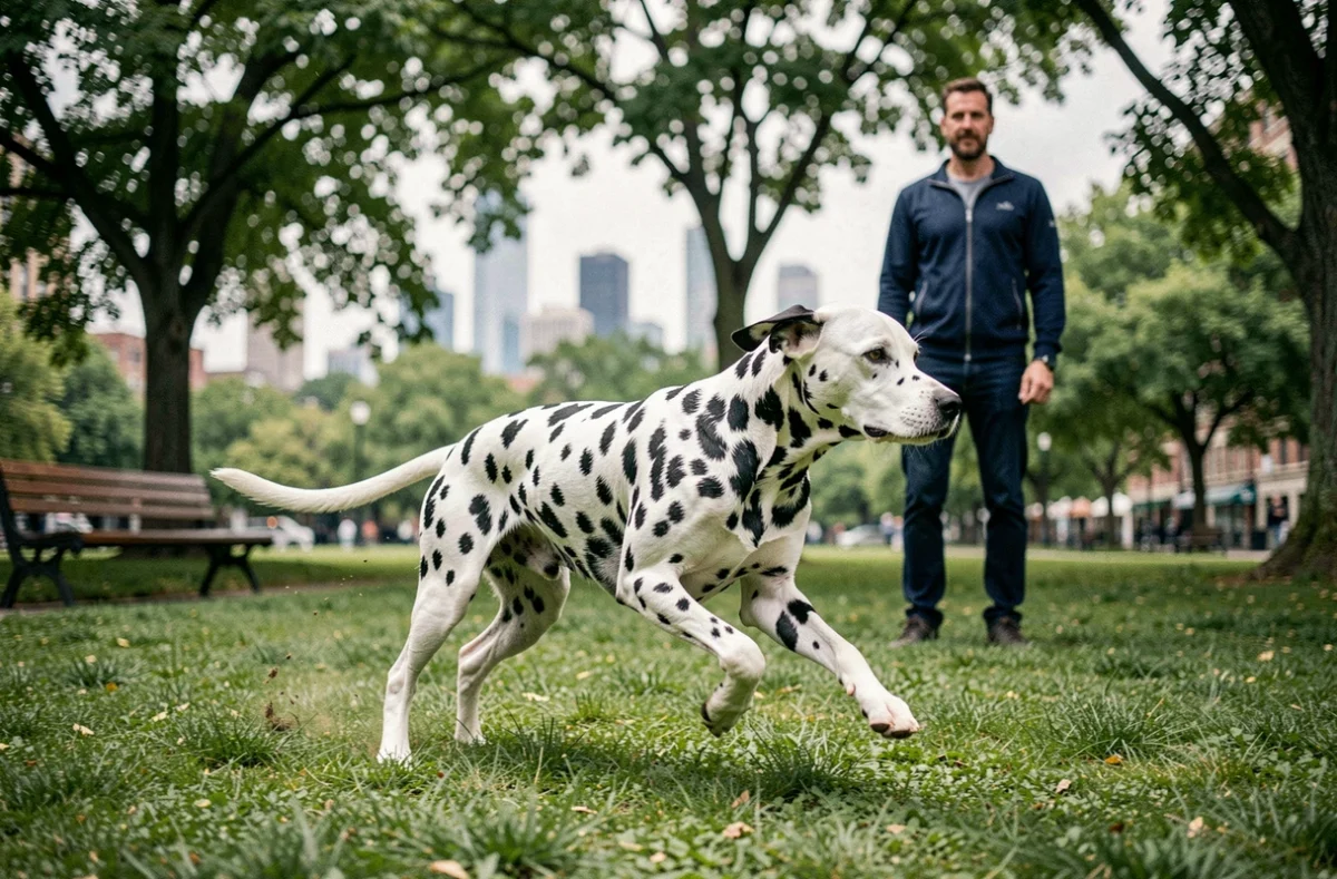 Dalmatien courant librement dans un parc urbain sous la surveillance bienveillante de son propriétaire