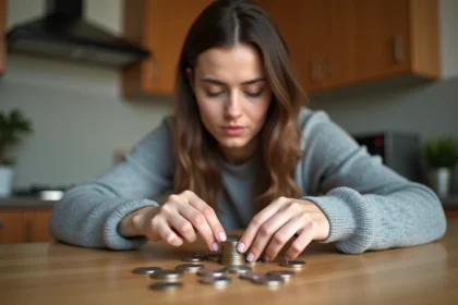 Femme triant des pièces de monnaie en euros sur une table en bois pour un dépôt d'espèces Nickel