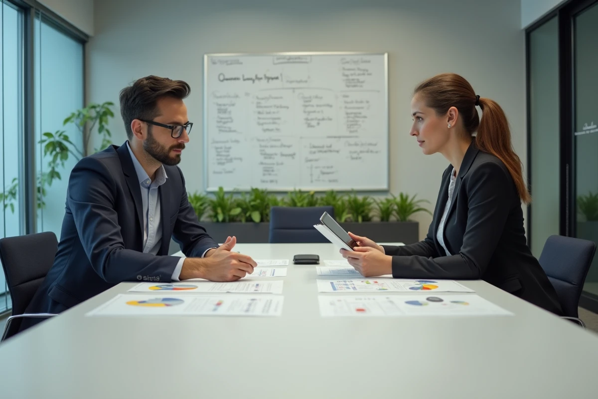 Deux professionnels discutant des risques et opportunités du lending décentralisé en DeFi dans un espace de coworking
