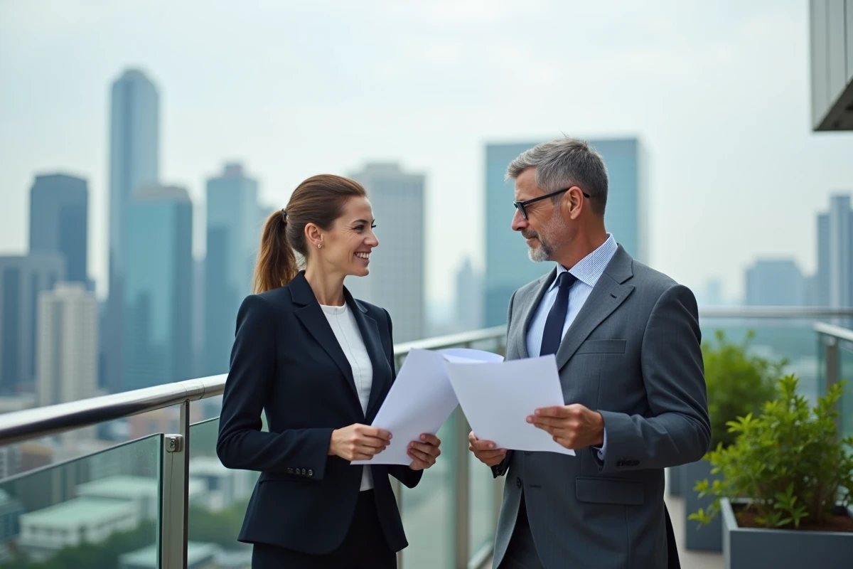 Deux professionnels discutant sur un toit urbain