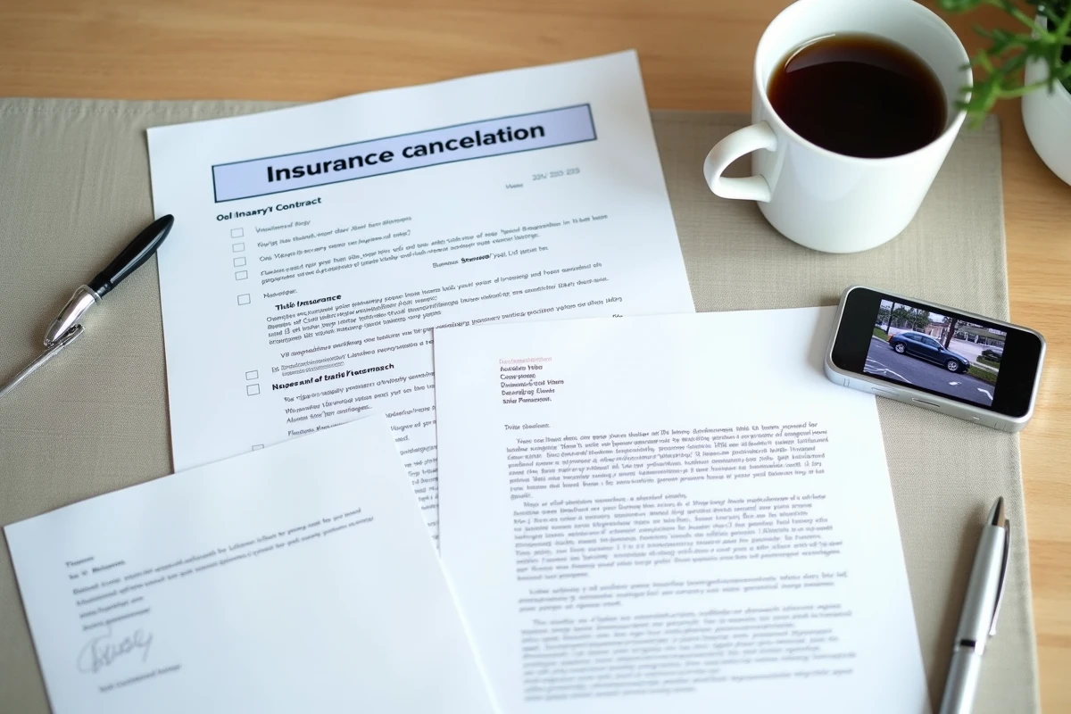 Vue aérienne des documents justificatifs nécessaires pour résilier un contrat Direct Assurance pour motif légitime, incluant contrat et preuves