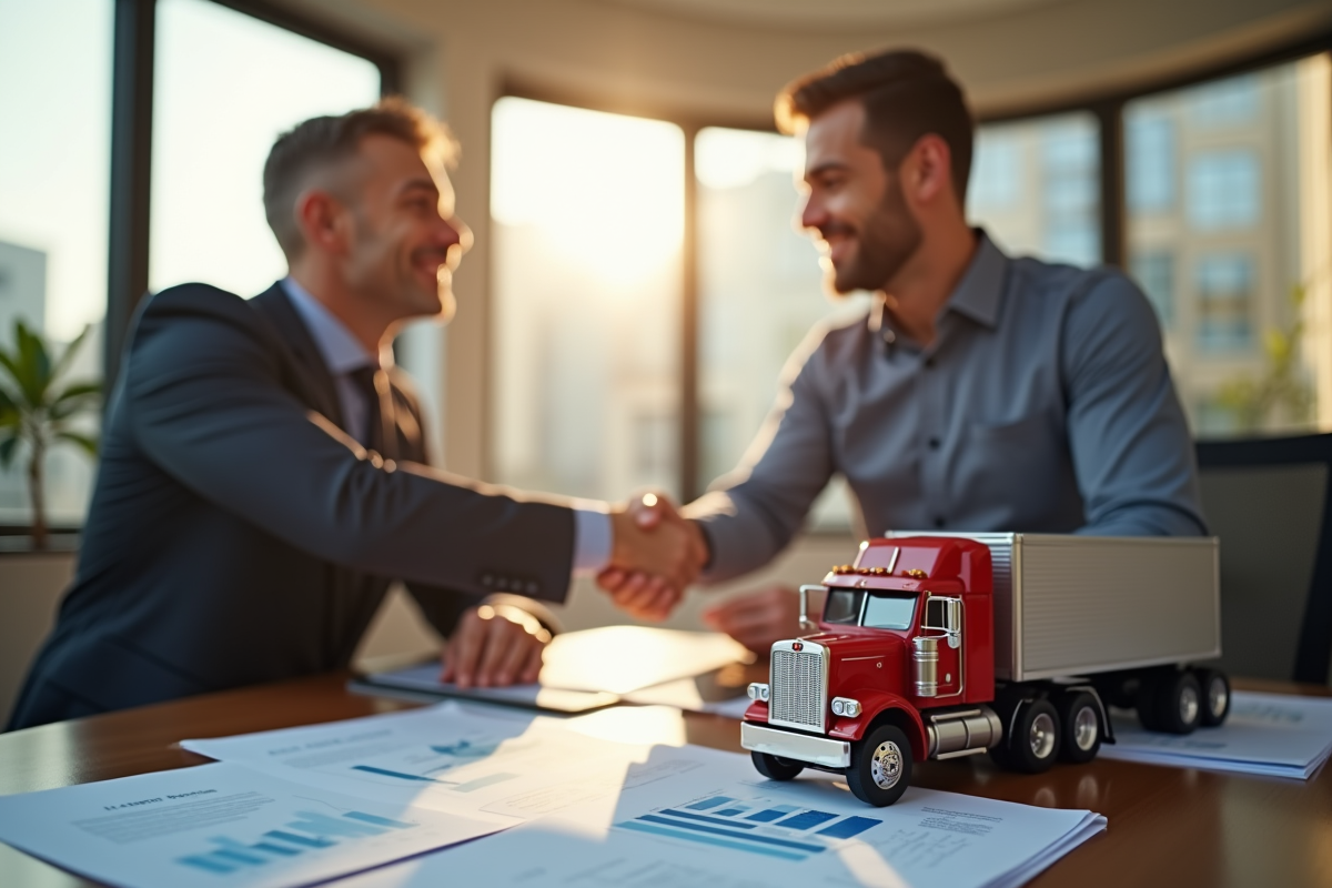Conseiller financier et chauffeur de camion se serrant la main dans un bureau