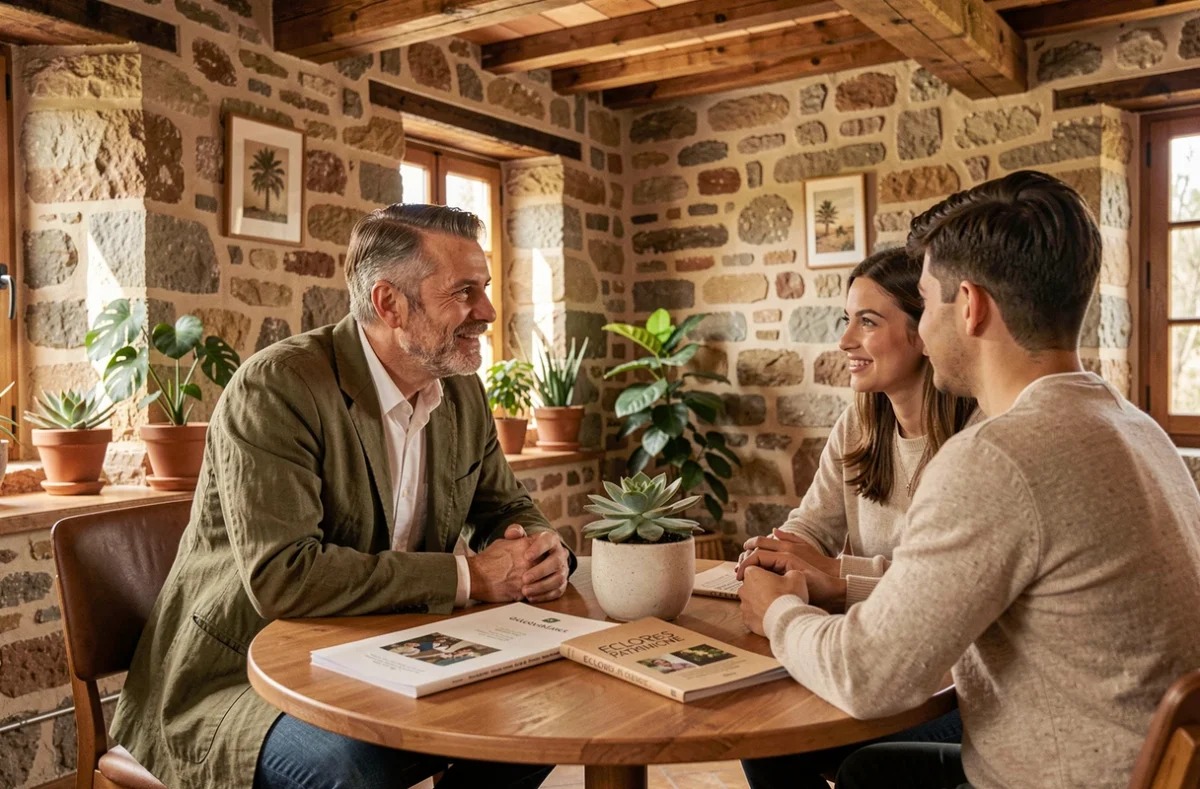 Conseiller EcloRes Patrimoine en entretien avec un couple dans un bureau au décor naturel avec murs en pierre apparente