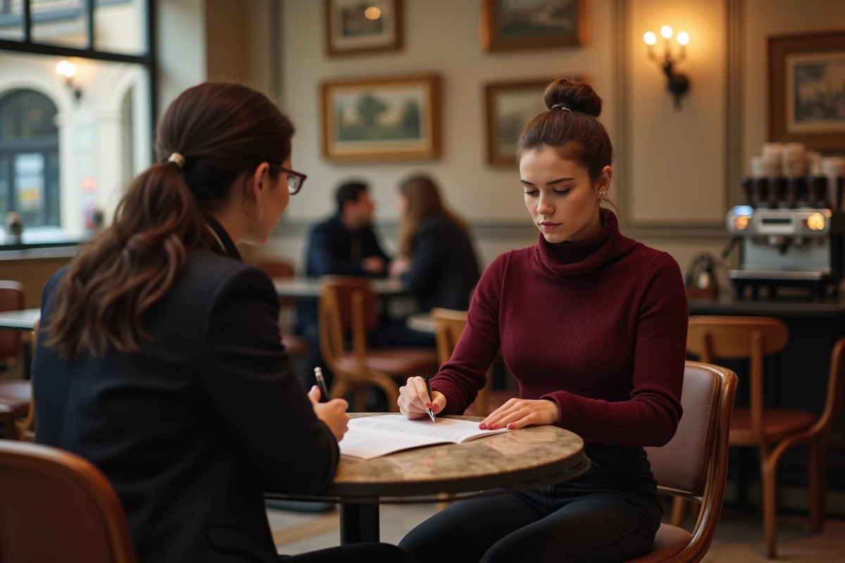 Jeune écrivaine examinant un contrat d'édition avec un agent littéraire dans un café, représentant les négociations salariales et contractuelles après la publication d'un premier roman.