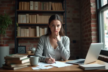 Écrivaine contemplant son manuscrit imprimé dans un bureau à domicile encombré de livres, illustrant le quotidien incertain d'un auteur après la publication de son premier roman.
