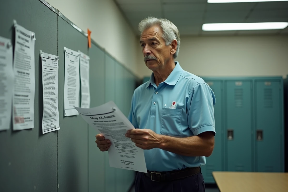 Employé à temps partiel en grande surface examinant les règles de salaire minimum et prime d'activité affichées dans la salle de pause