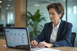Employeur femme utilisant une plateforme de gestion des fiches de paie sur ordinateur portable dans un bureau moderne