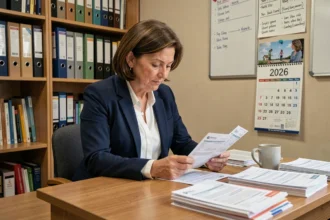 Enseignante titulaire consultant son calendrier de paye 2026 dans une salle des professeurs