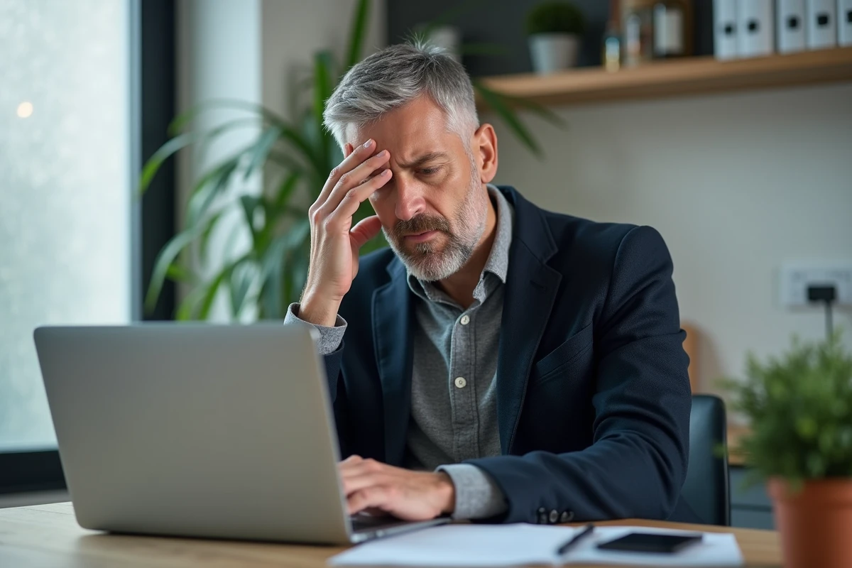 Entrepreneur frustré remplissant un formulaire en ligne pour une demande Avanseo depuis son domicile