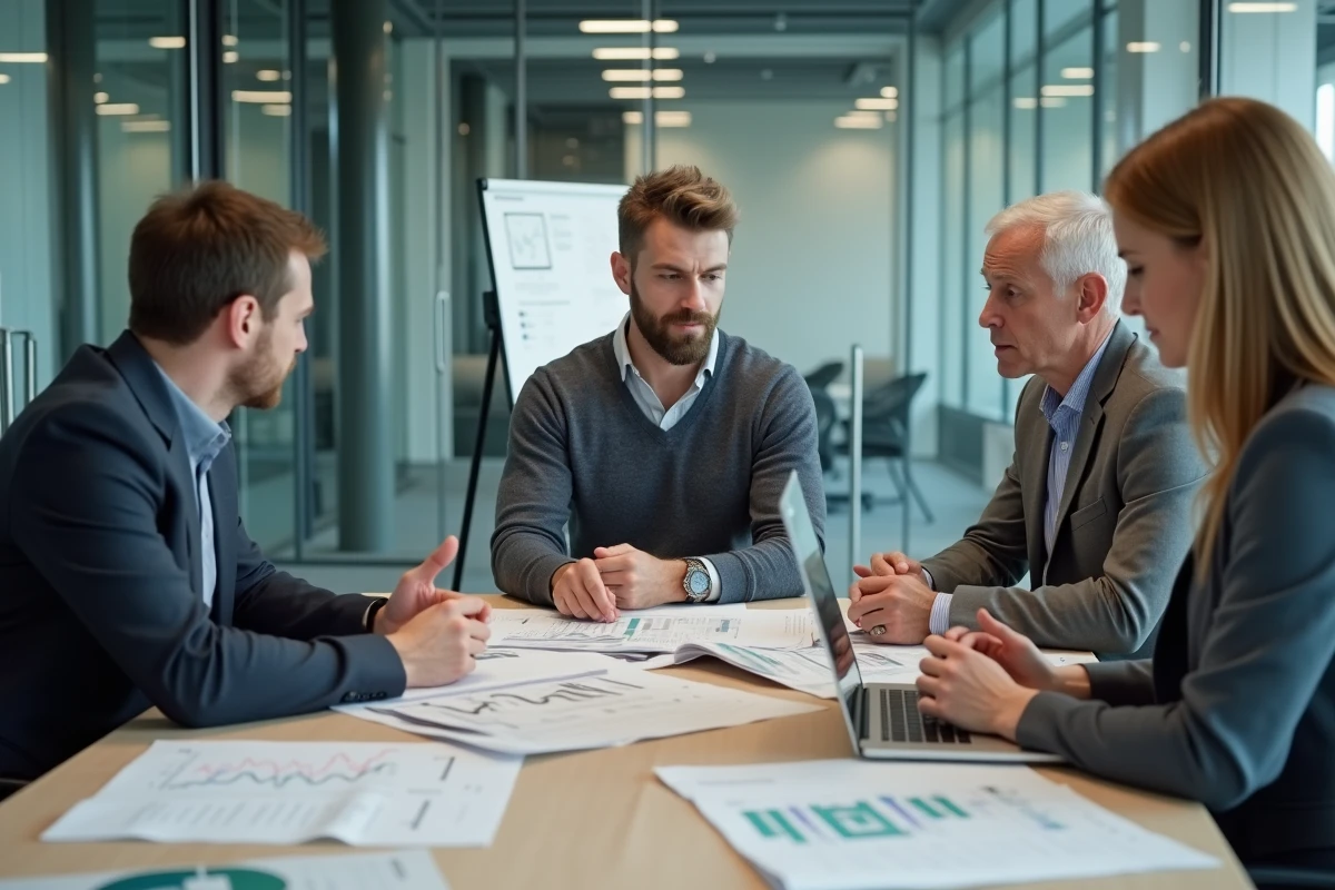 Équipe d'analystes financiers discutant des perspectives de l'action SAF autour d'une table de réunion