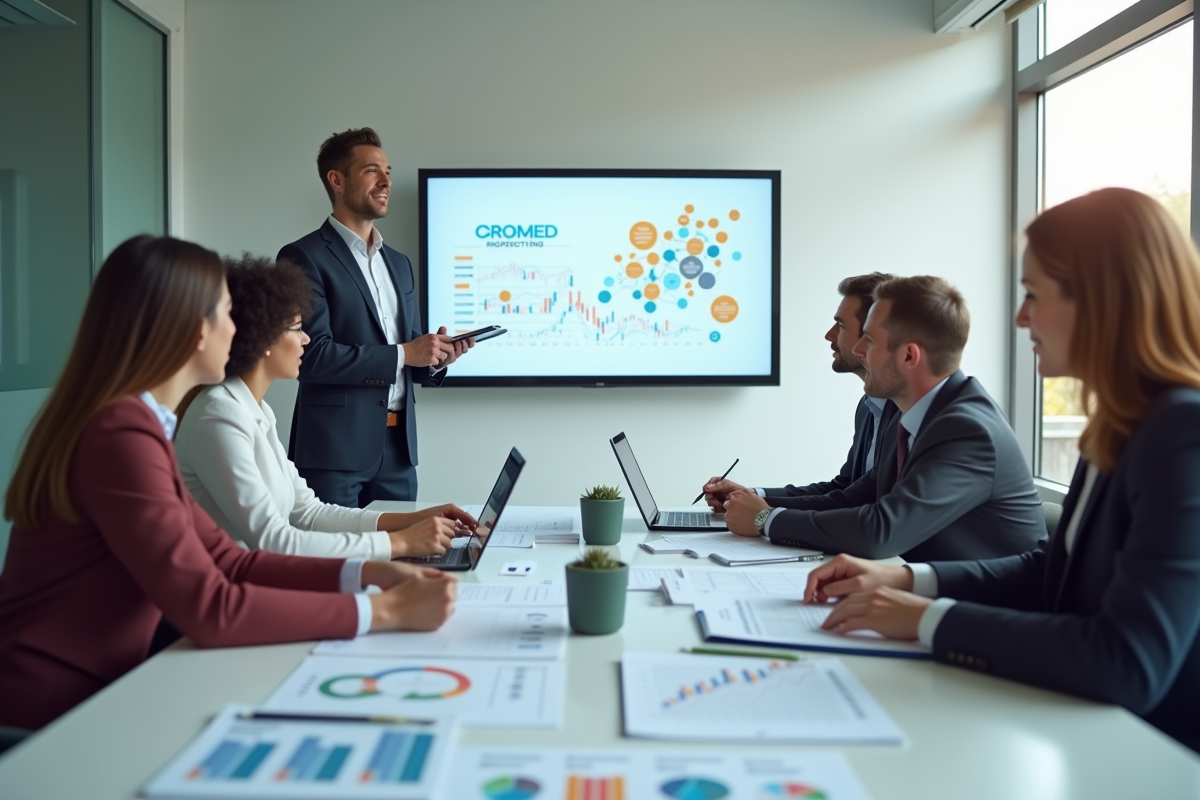 Groupe de professionnels discutant de finances en réunion
