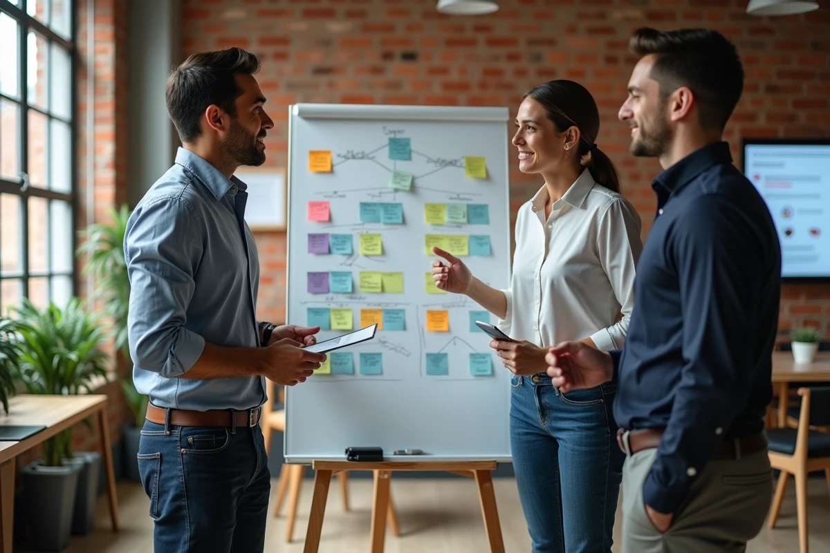 Équipe professionnelle en réunion de planification stratégique autour d'un tableau blanc dans un espace collaboratif