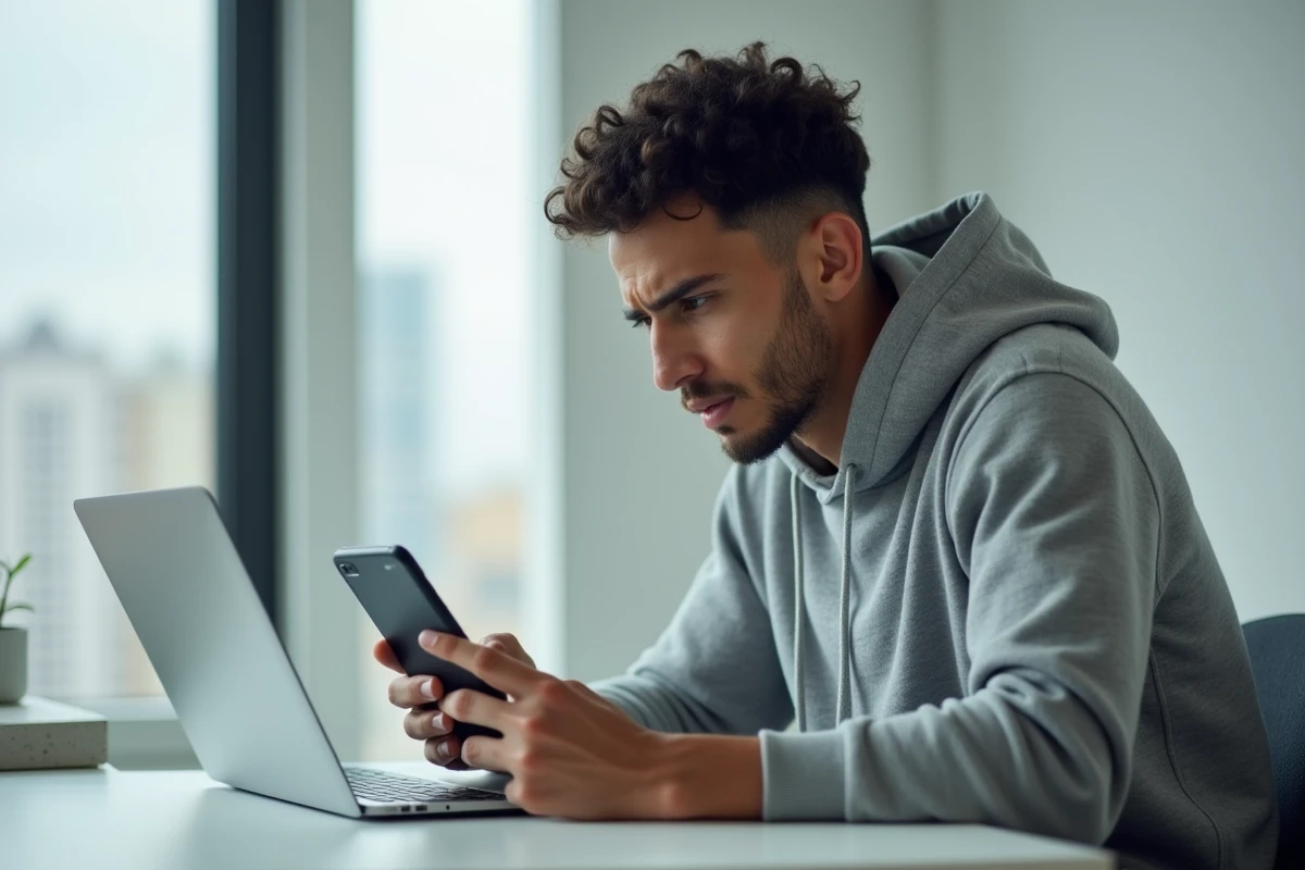 Jeune homme consultant son téléphone face à une erreur de connexion sur l'application La Banque Postale