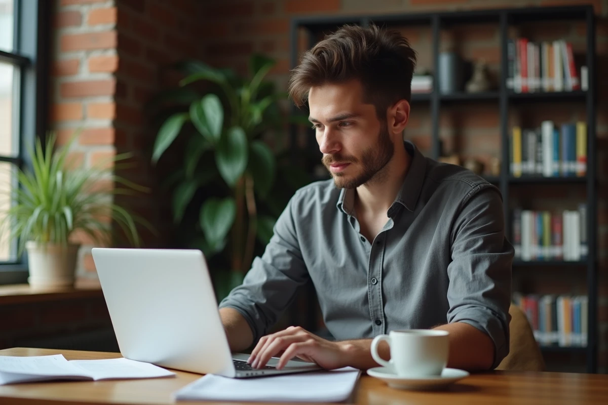 Jeune professionnel étudiant le Commercial Lines Manual en autodidacte depuis son domicile, certification assurance lignes commerciales en ligne