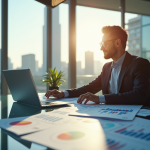 Cadre confiant dans un bureau moderne avec graphiques financiers
