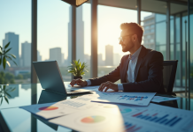 Cadre confiant dans un bureau moderne avec graphiques financiers