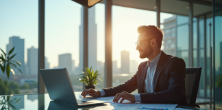 Cadre confiant dans un bureau moderne avec graphiques financiers