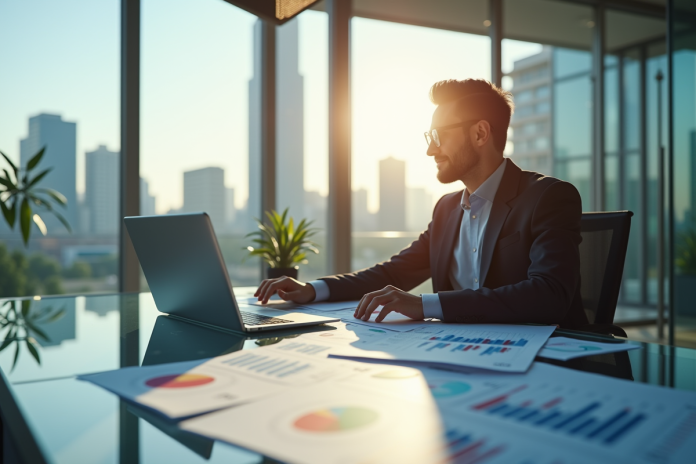 executif-bureau-finance Cadre confiant dans un bureau moderne avec graphiques financiers