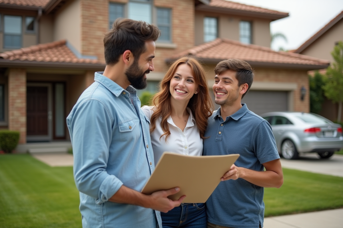 Famille heureuse devant leur maison avec contrat d