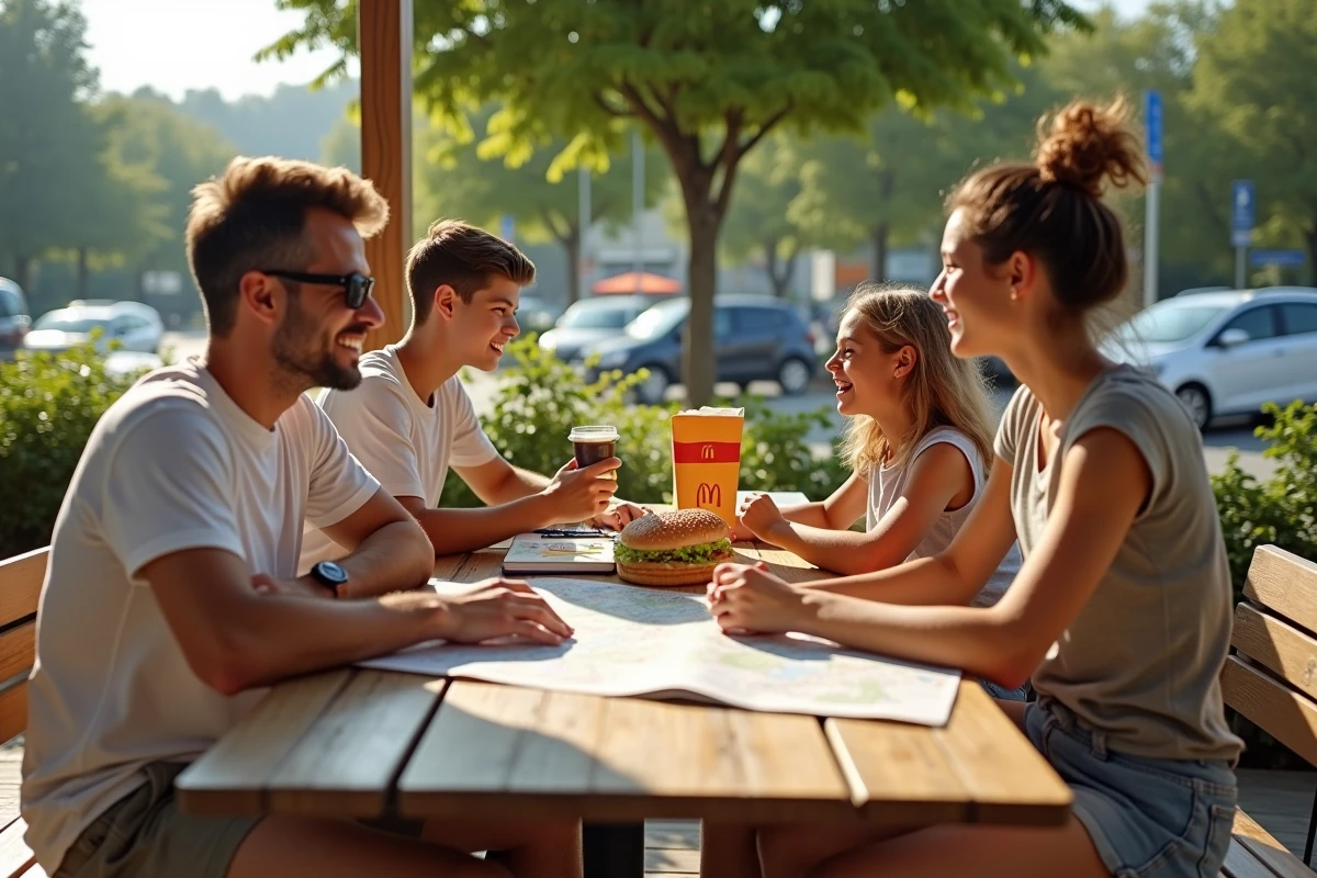 Famille en pause déjeuner McDonald's sur l'autoroute pendant les vacances d'été 2026