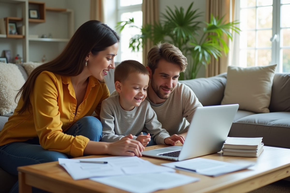 Famille dans un salon cosy examine documents d assurance