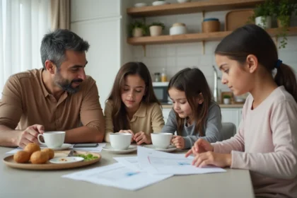 Famille turque réunie à la table avec tasses à thé et papiers