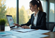 Femme d'affaires confiante analysant des graphiques financiers