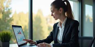 Femme d'affaires confiante analysant des graphiques financiers