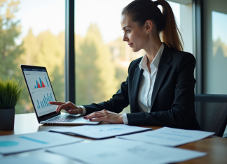 Femme d'affaires confiante analysant des graphiques financiers