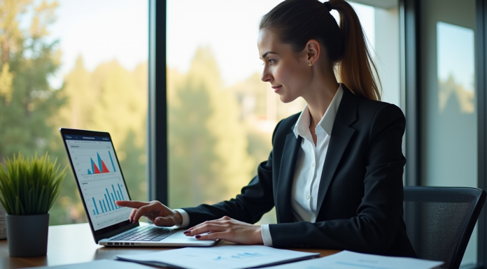Femme d'affaires confiante analysant des graphiques financiers