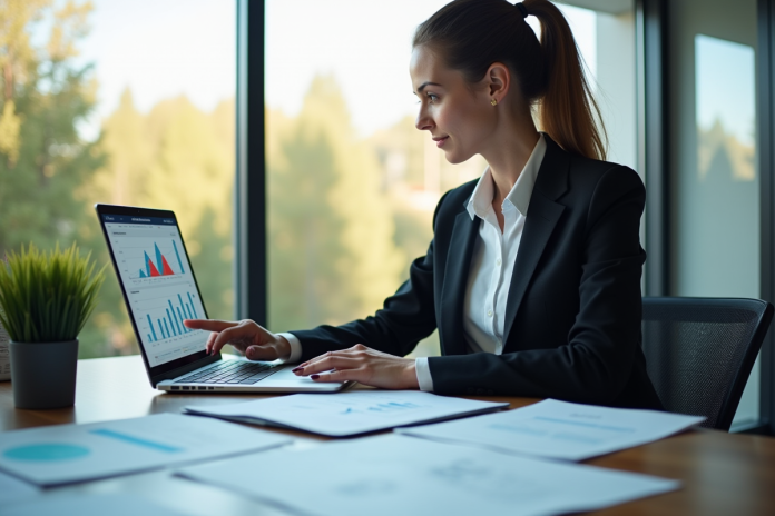 Femme d'affaires confiante analysant des graphiques financiers