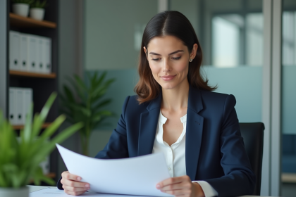 Femme d'affaires en costume bleu dans un bureau moderne