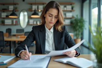 Femme d'affaires confiante dans un bureau lumineux