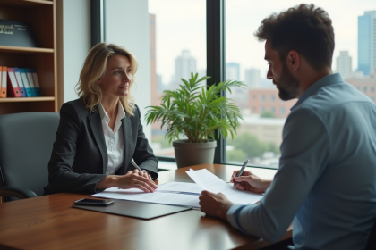 Femme d affaires en réunion avec conseiller financier