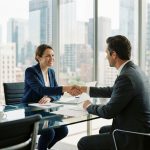Femme d'affaires en costume navy serre la main d'un client dans un bureau moderne